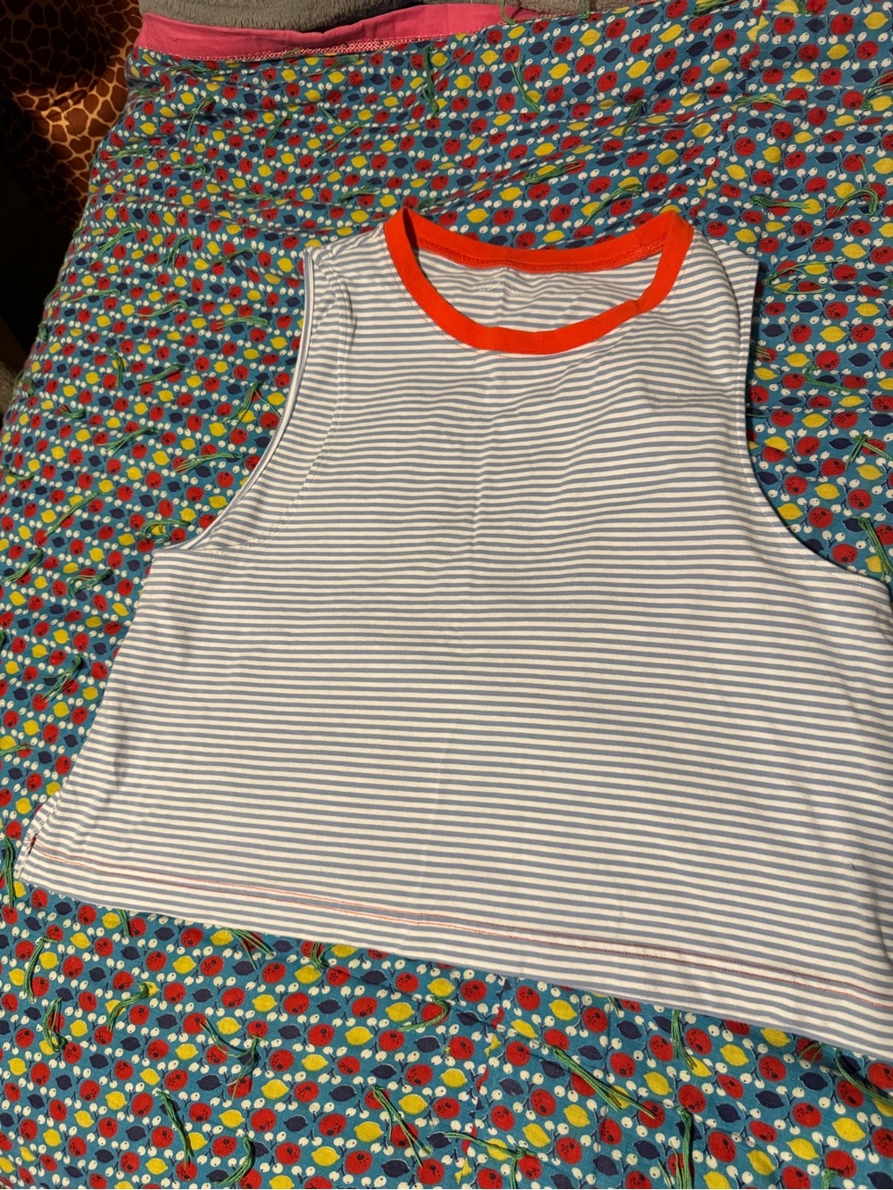 Aerie Jersey Blue & White Stripped Tank w/ reddish orange contrast neckline
